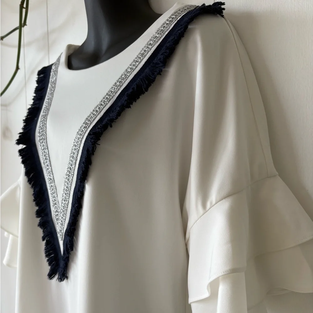 Molly Bracken White Ruffle Sleeve Dress | Size Medium - Picture 9 of 9